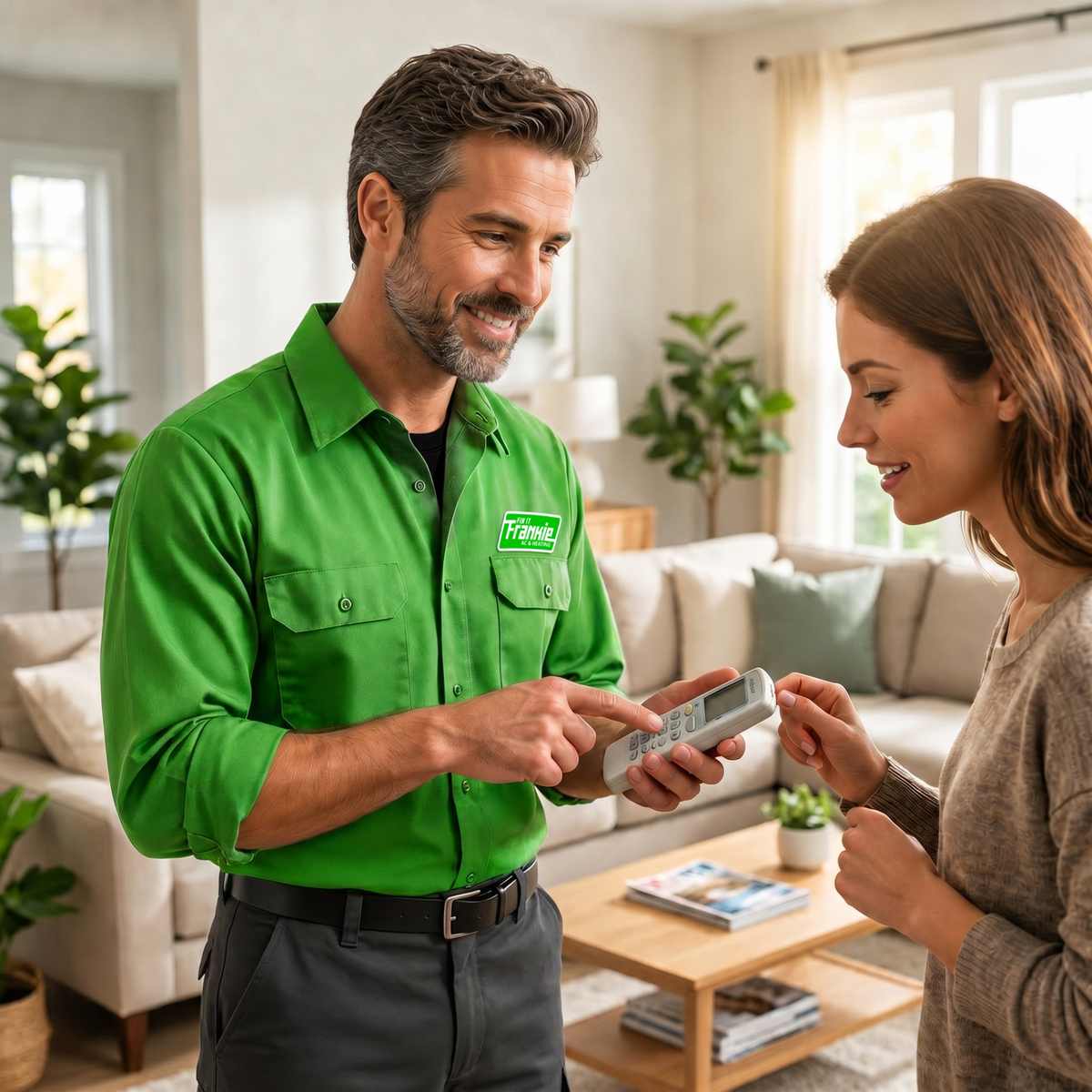 Fix it Frankie mechanic in a green uniform showing a woman how to use a thermostat remote in her living room